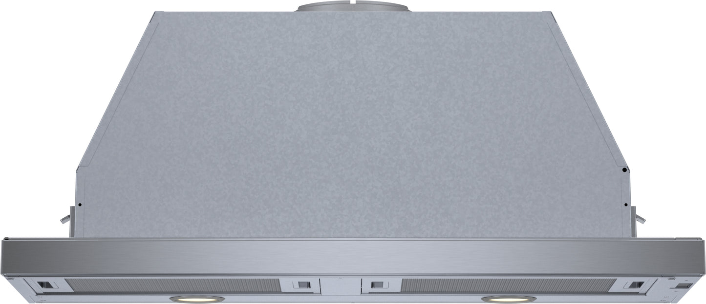 Stainless steel pull-out range hood with integrated blower and dual halogen lights from Bosch kitchen appliances collection