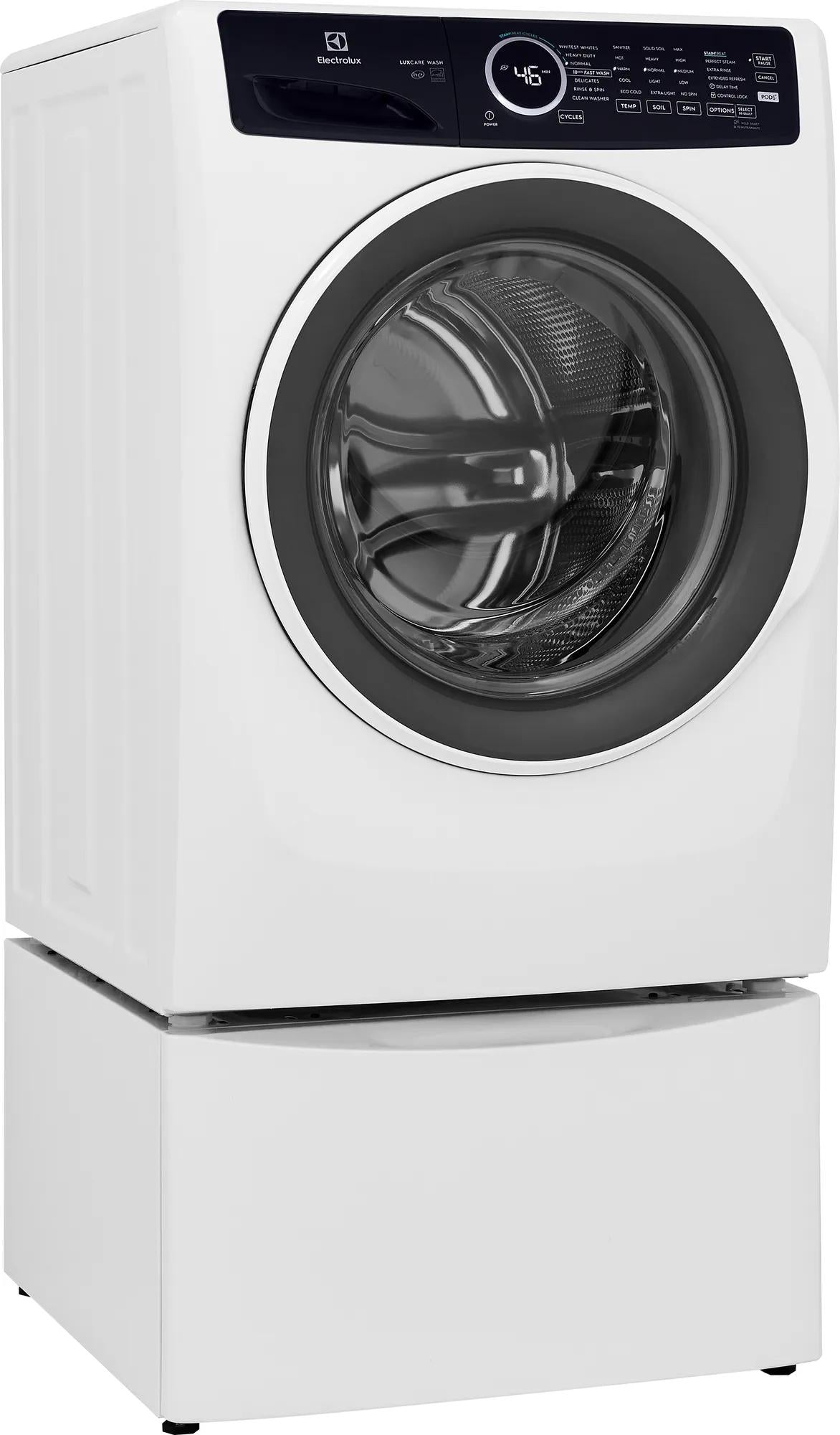 White front load washer with digital control panel and circular door, part of front load washers and appliances collections