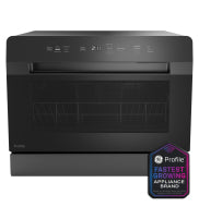 Black smart compact dishwasher with digital display and touch controls for countertop or built-in kitchen use