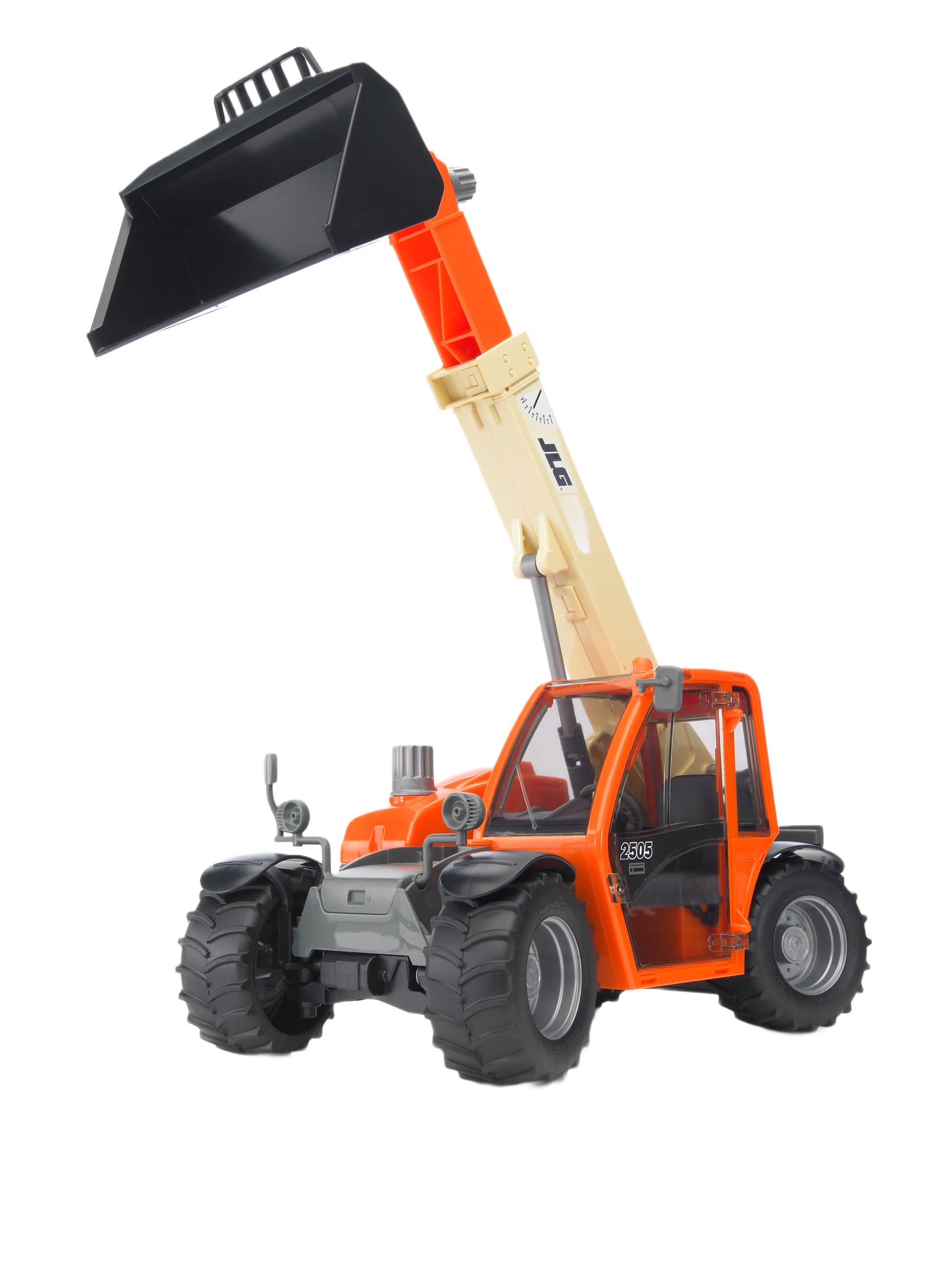 Orange and beige telehandler toy with detailed cabin and large black bucket for realistic home improvement play