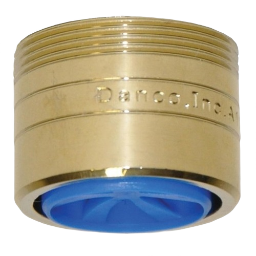 Polished brass faucet aerator with dual threads and blue internal flow restrictor for water saving in home improvement