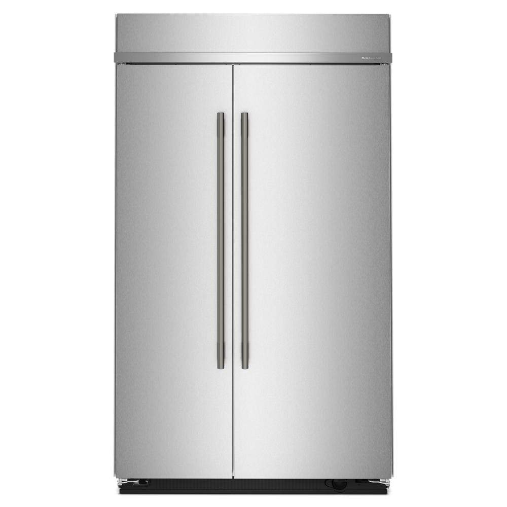 Built-in side-by-side refrigerator with platinum interior and sleek vertical handles in KitchenAid refrigerators collection