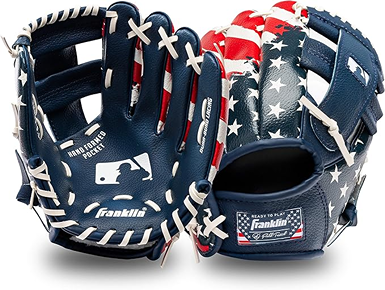 Patriotic red, white, and blue teeball glove with hand-formed pocket for right-hand throwers