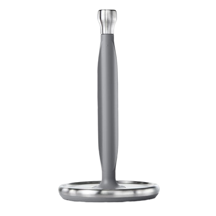Weighted gray and stainless steel paper towel holder with non-slip base for kitchen storage and organization