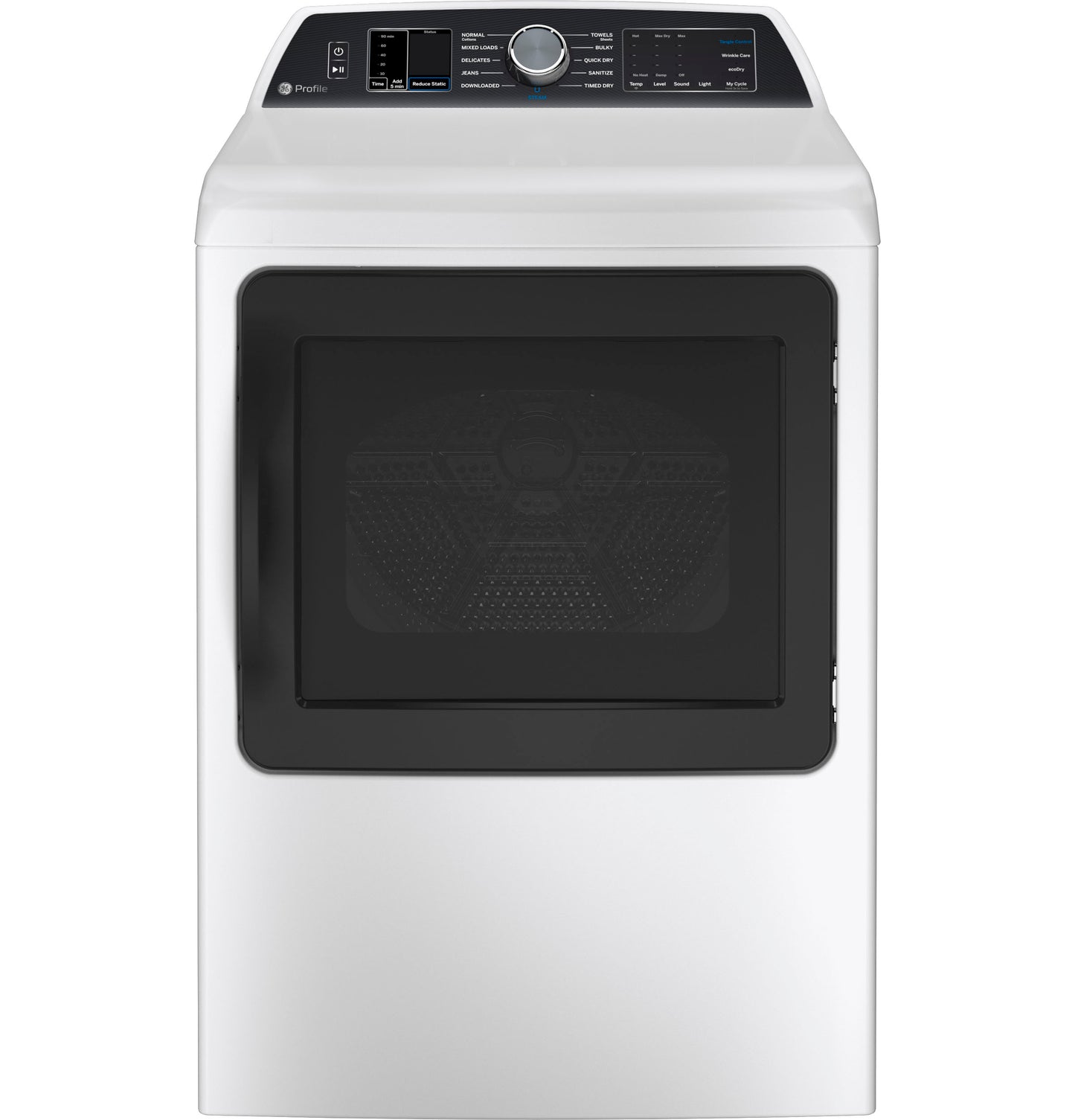 White smart electric dryer with black windowed door and digital control panel from Dryers and Appliances collections