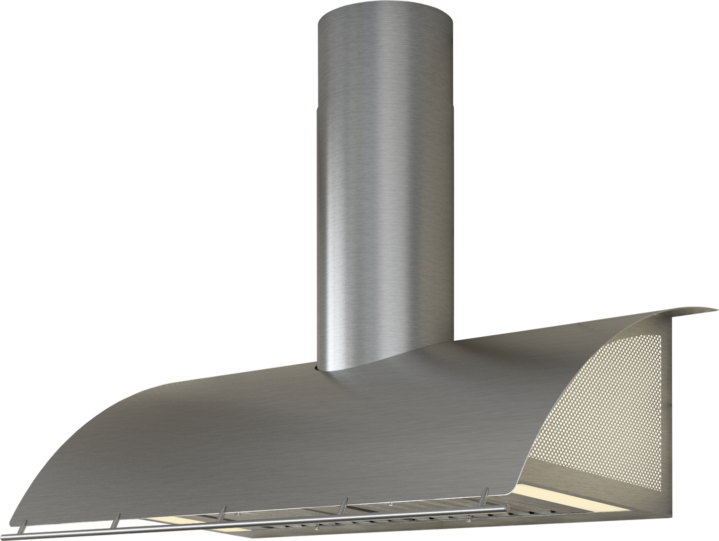 Brushed stainless steel wall mounted range hood with curved canopy and perforated side panels in Kitchen & Kitchenware collections