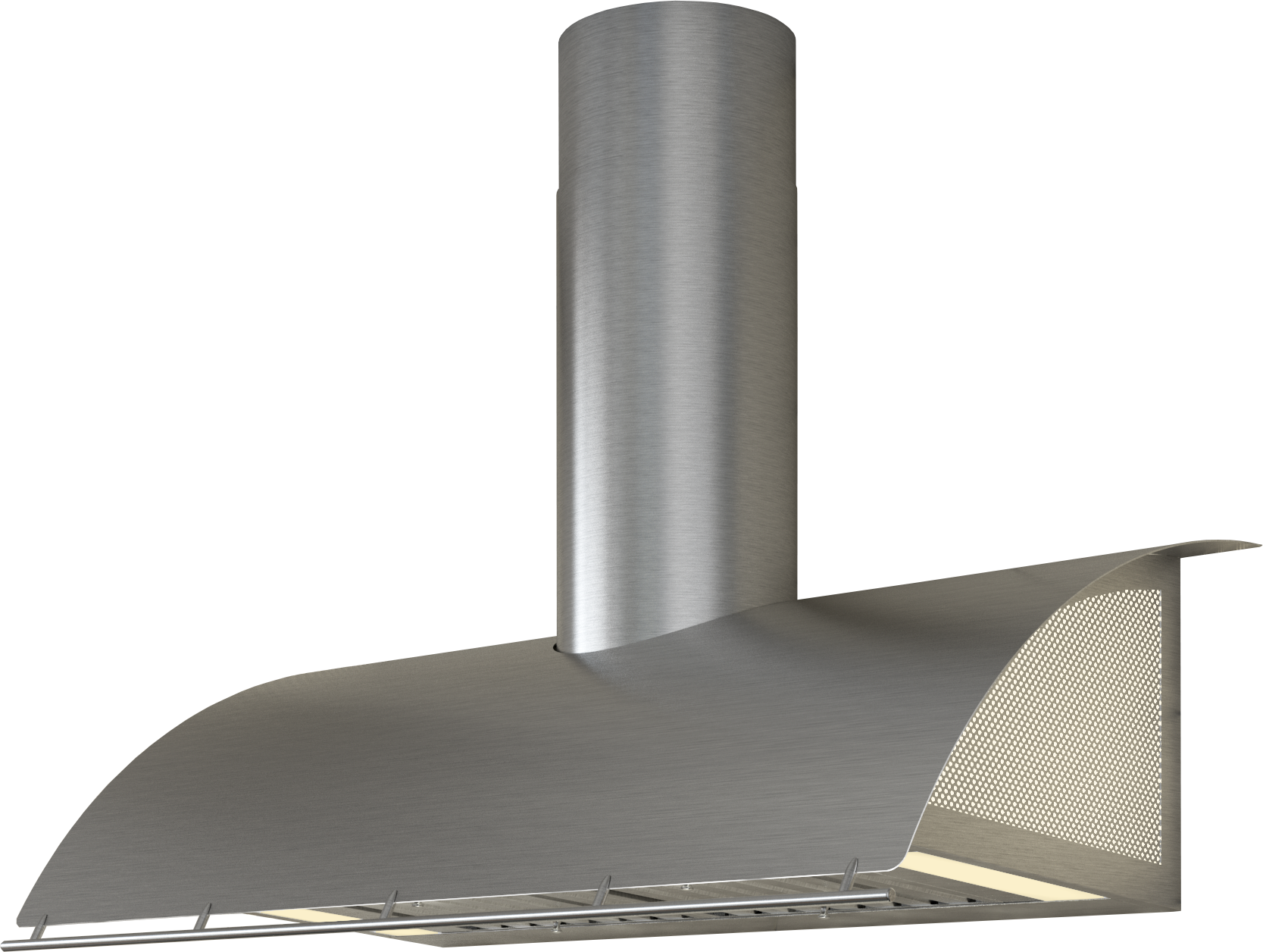 Brushed stainless steel wall mounted range hood with curved canopy and perforated side panels in Kitchen & Kitchenware collections