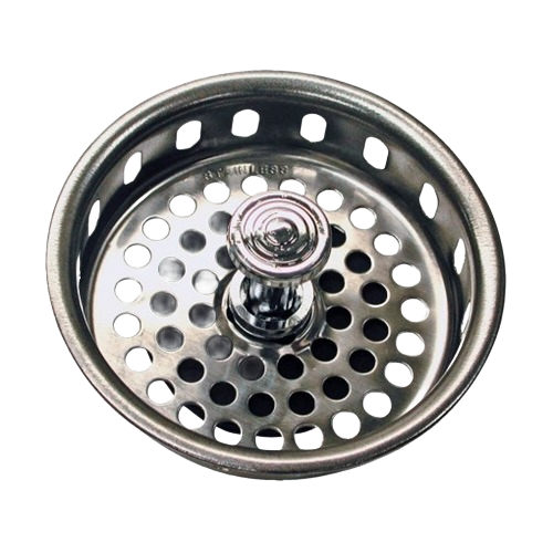 Chrome basket strainer with perforated design and center knob for sink drainage in home improvement projects