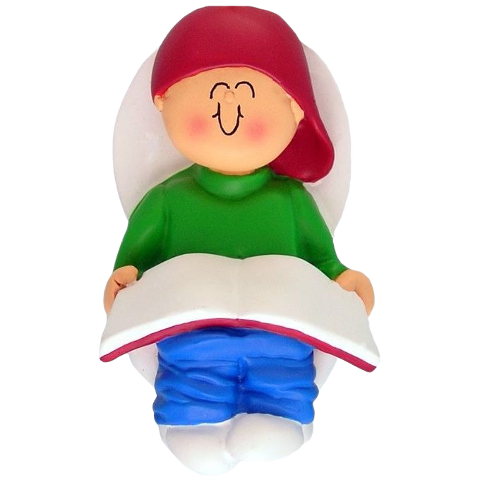 Smiling boy in red cap green shirt and blue pants sitting on toilet reading book Christmas ornament under $50 collection