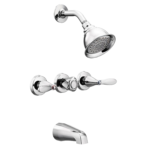 Chrome three-handle tub and shower trim set with wall-mounted showerhead, designed for bathroom plumbing upgrades