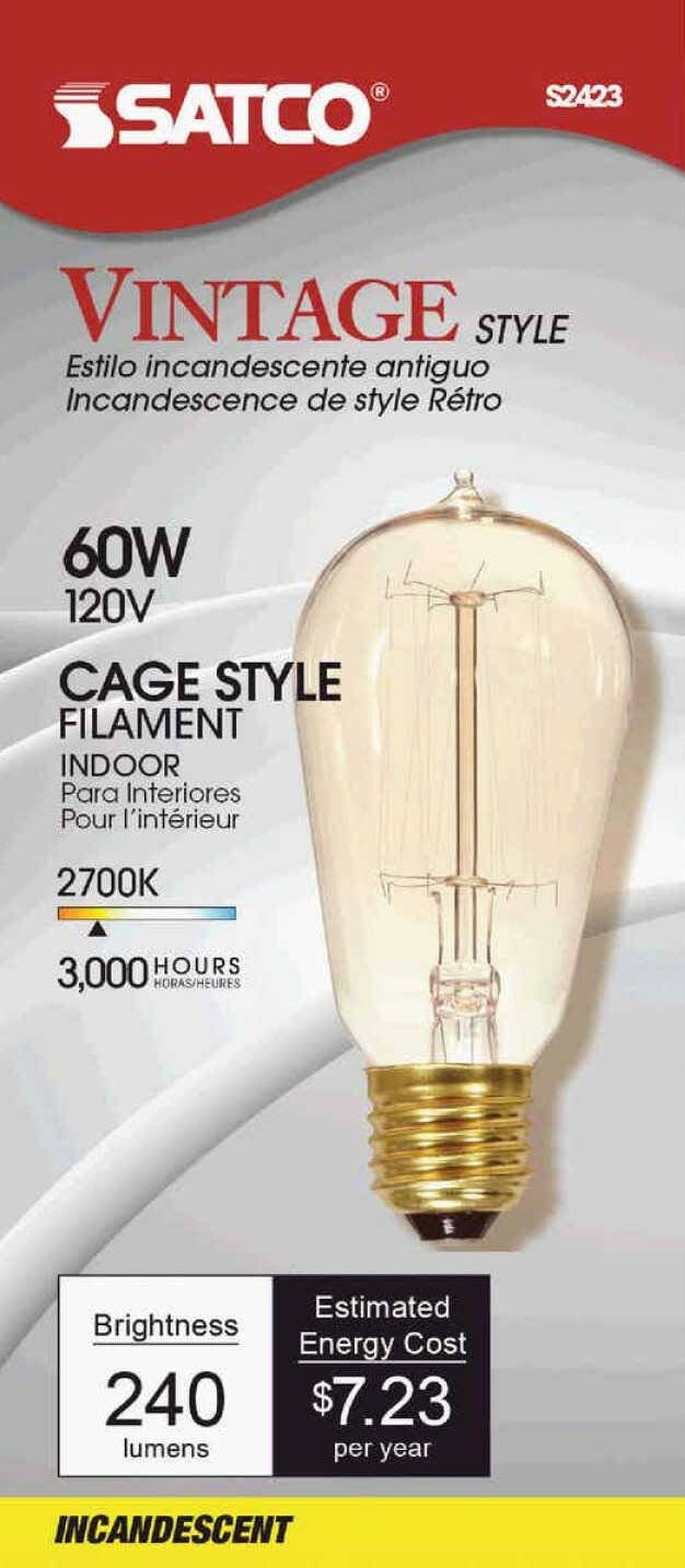 Vintage-style 60 watt incandescent cage filament bulb with warm 2700K light for indoor lighting and home improvement collections