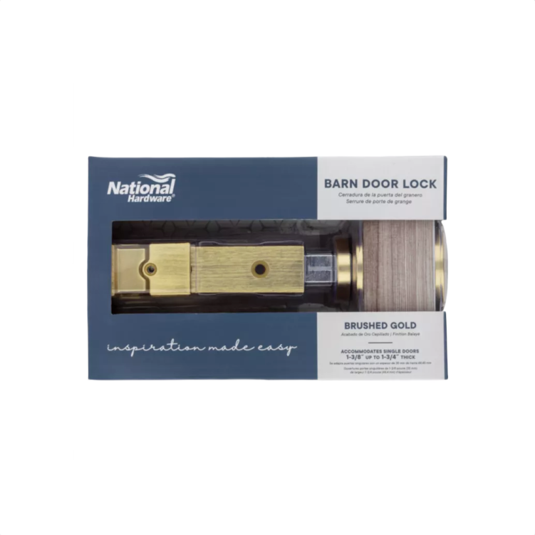 Brushed gold barn door lock with bolt and mounting hardware for home improvement projects and sliding doors installation