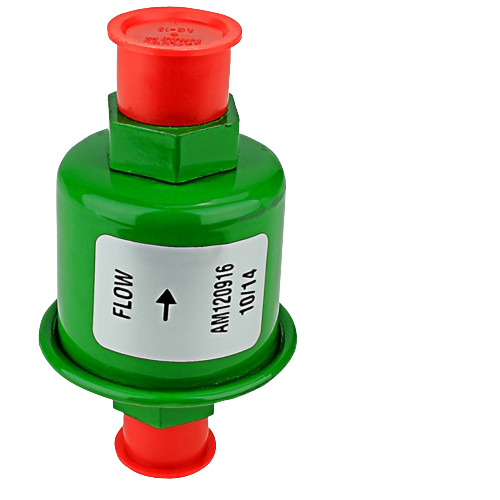 Green hydraulic oil filter with red caps and flow direction label for parts and lubricants collections