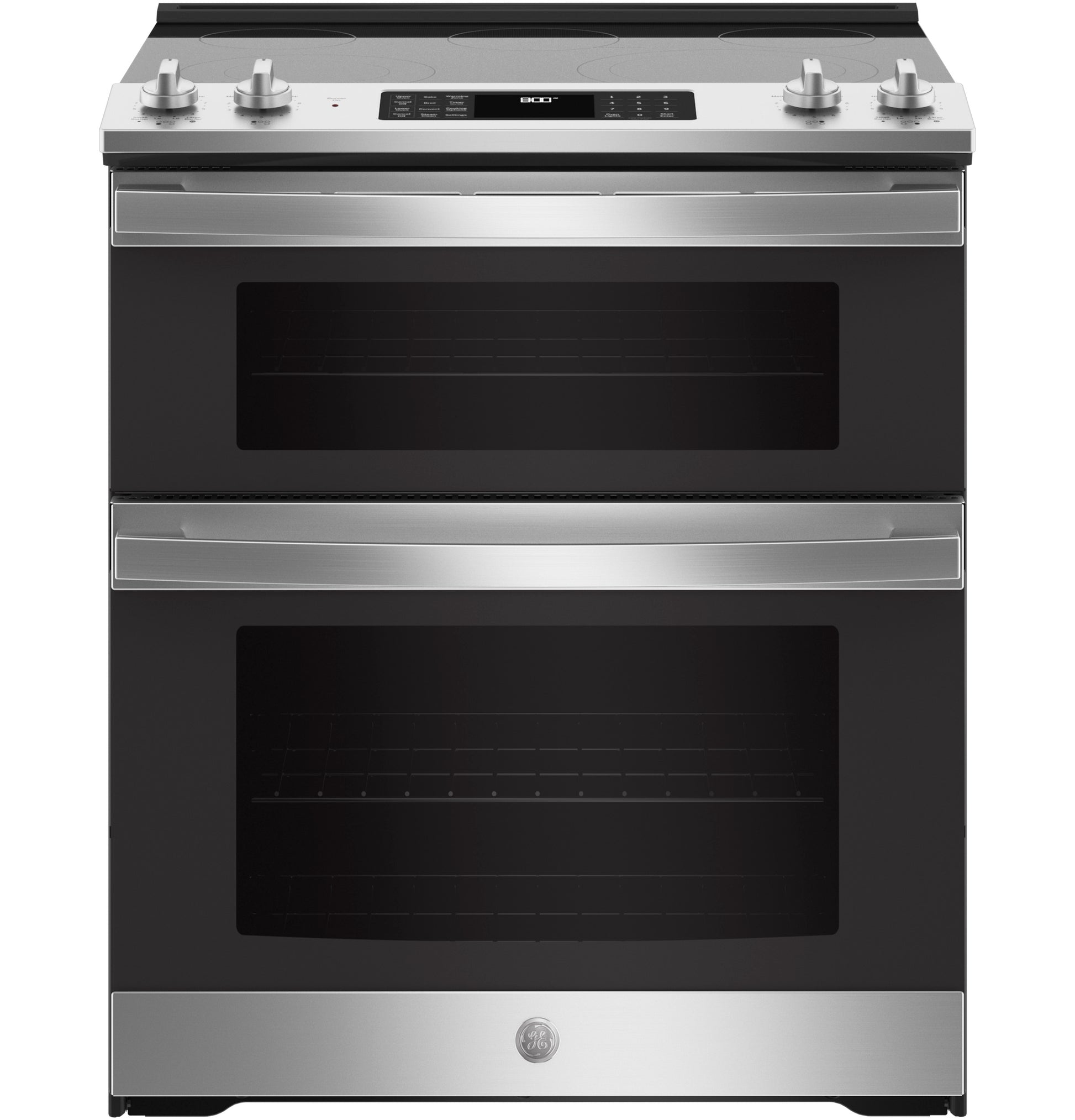 Front view of stainless steel electric double oven range with digital controls in Ranges & Cooktops at Hartville Hardware