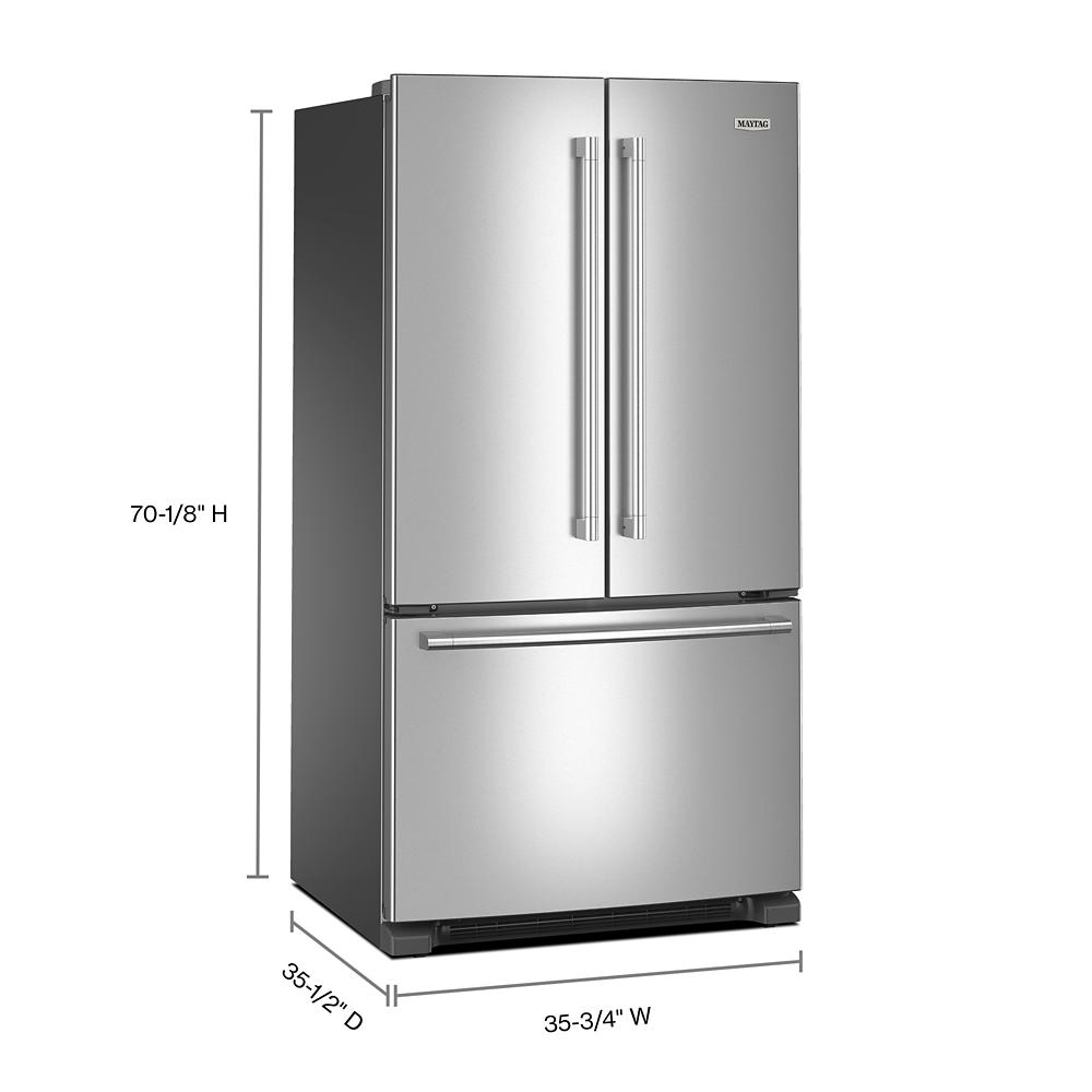 Stainless steel French door bottom freezer refrigerator with modern handles for kitchen and home improvement appliances