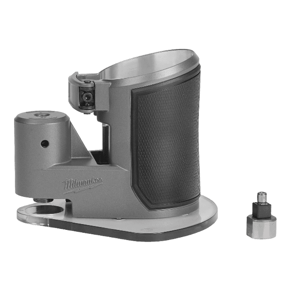 Compact router offset base attachment in machined aluminum with ergonomic grip for woodworking tool accessories and home improvement.