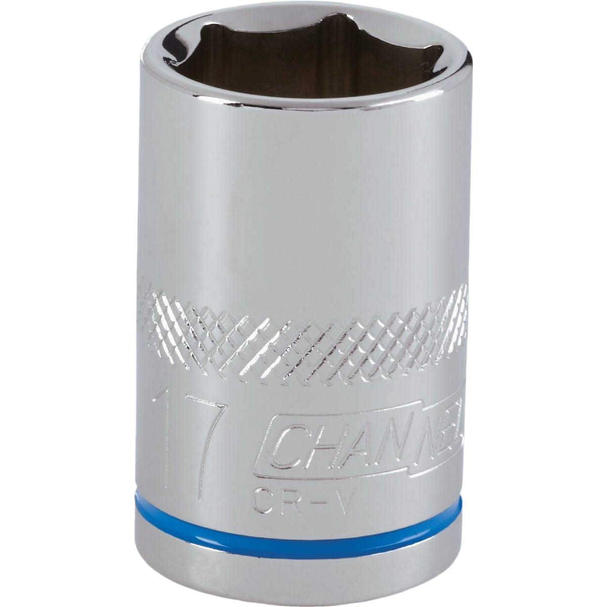 Chrome finish 17mm shallow 6-point socket with textured grip band for hand tool and woodworking use under $50