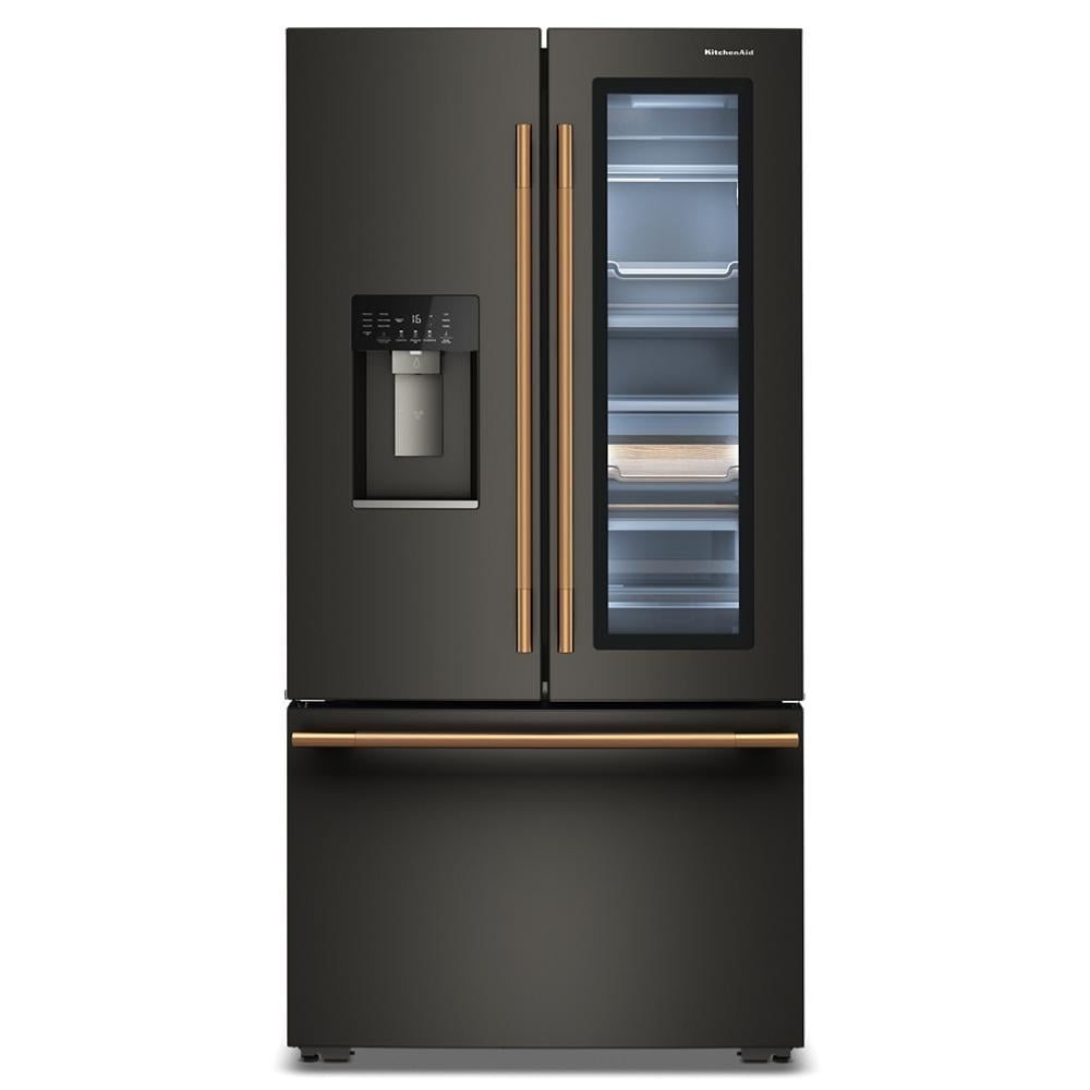 Front-facing view of a black counter-depth French door refrigerator with a glass Door-in-Door panel, water dispenser, bronze handles, and bottom freezer, part of Refrigerators, French Door Refrigerators, Kitchen & Kitchenware, All Products, KitchenAid, and Appliances collections.