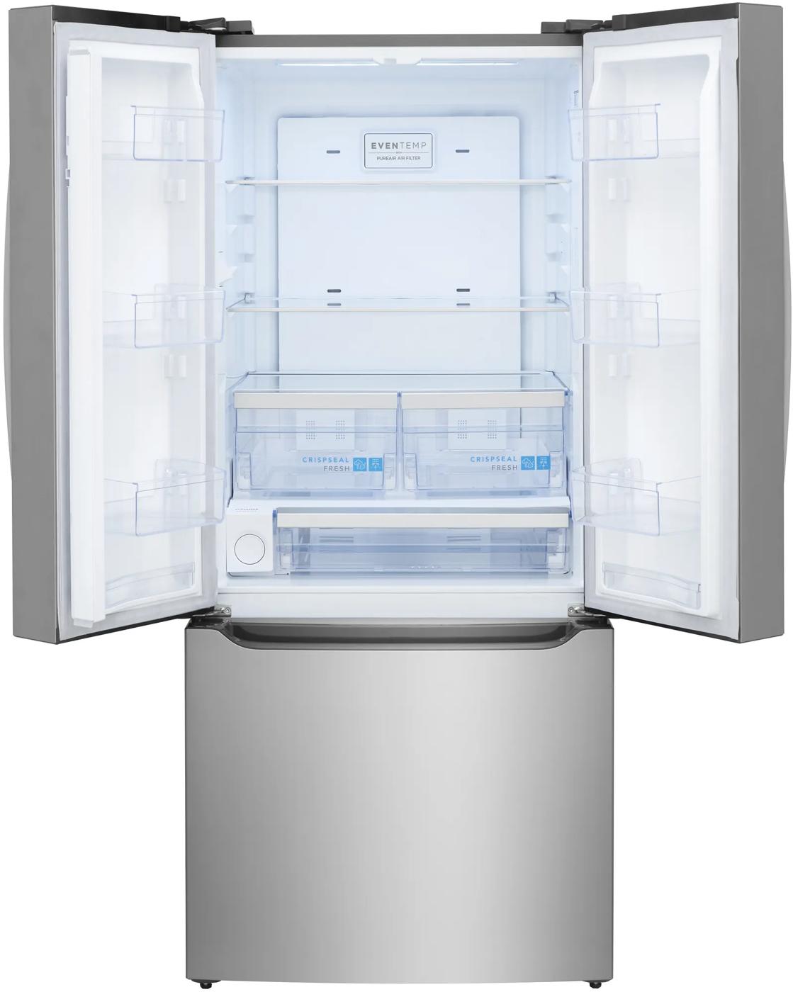 Open stainless steel French door refrigerator with spacious shelves and crispers for kitchen appliances collection
