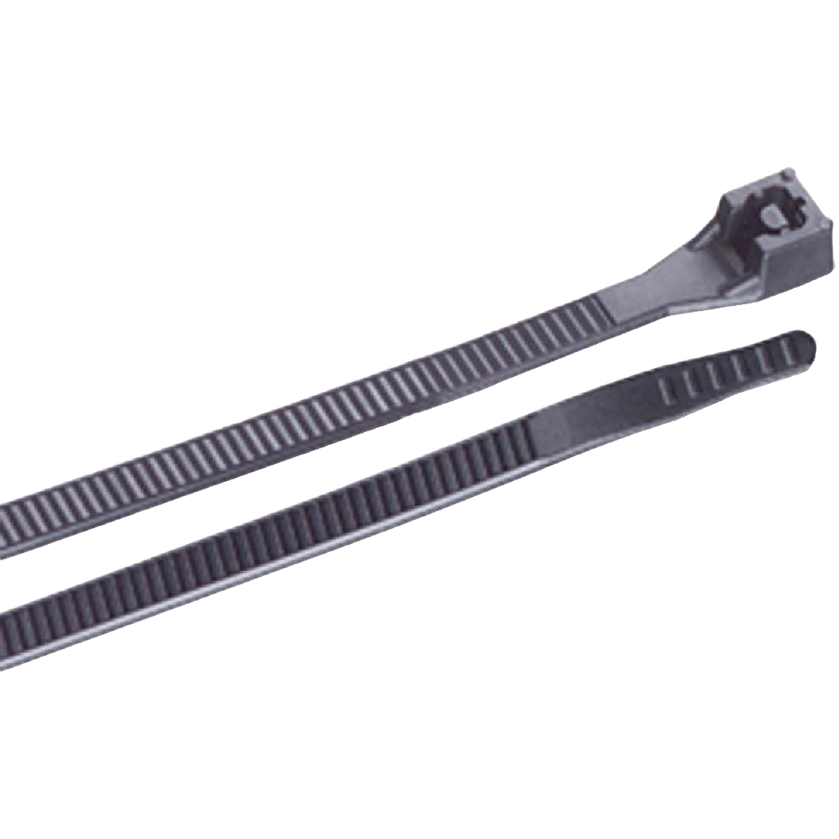 Two black ultra violet cable ties with ridged locking design for organizing tools and home improvement tasks