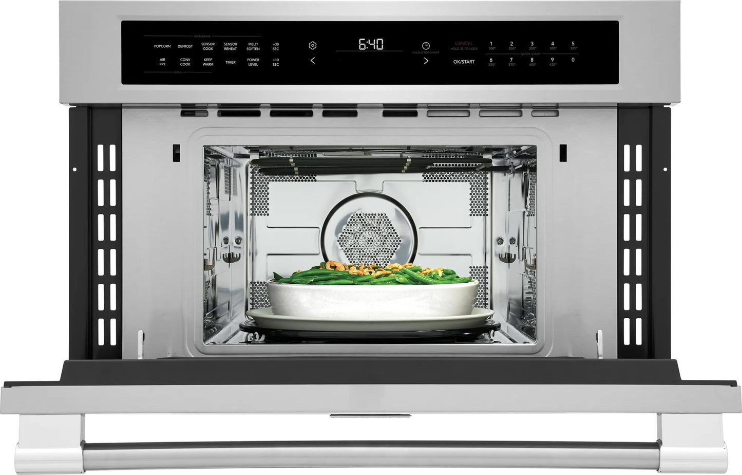 Stainless steel built-in convection microwave with air fry function and digital touch controls in kitchen appliances collection