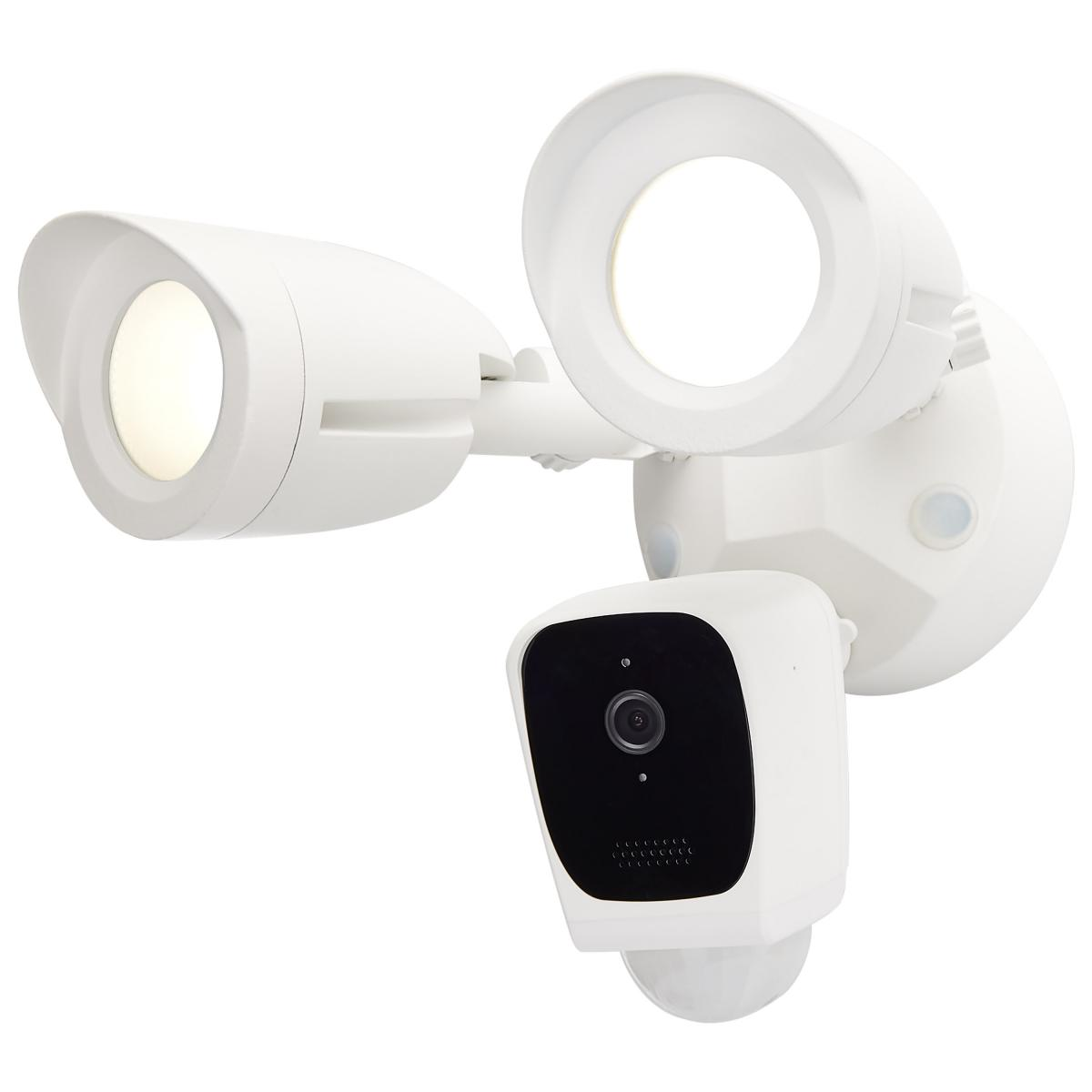 White outdoor security camera with dual LED floodlights for smart home surveillance and outdoor lighting projects