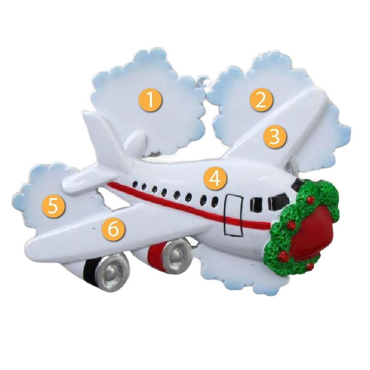White and red plane ornament flying through fluffy clouds with a festive green wreath for Christmas tree decoration under $50