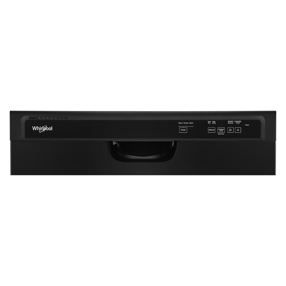 Black control panel of quiet dishwasher with touch buttons and digital display for kitchen appliances collection