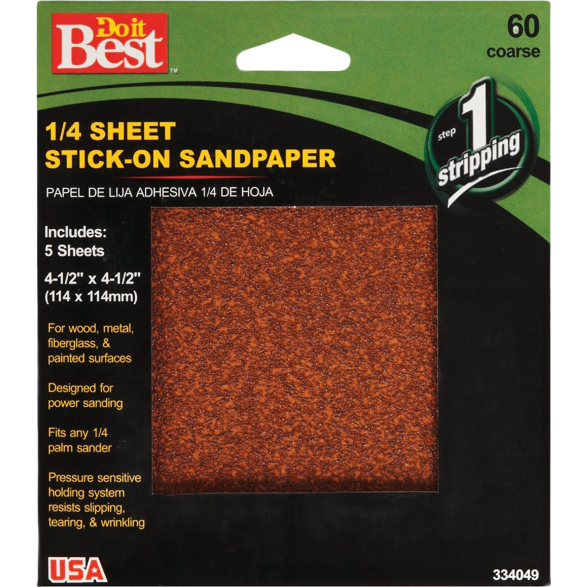 60-grit coarse stick-on sandpaper sheets for power sanding wood, metal, fiberglass, and painted surfaces in repair collections