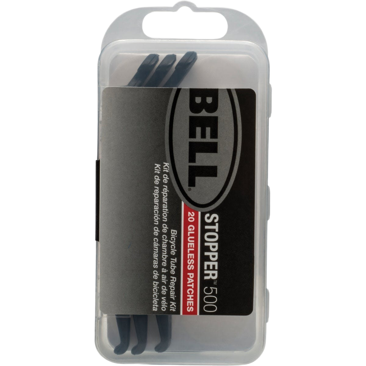 Compact bicycle tube repair kit with 20 glue-less patches, tire levers, and buffer in a clear plastic case under $25