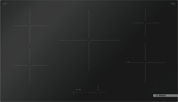 Sleek black Bosch induction cooktop with four cooking zones and touch controls from Cooktops and Appliances collections
