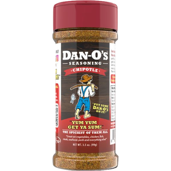 3.5 oz bottle of Dan-O's chipotle seasoning with smoky, spicy flavor for grilling and outdoor cooking under $25