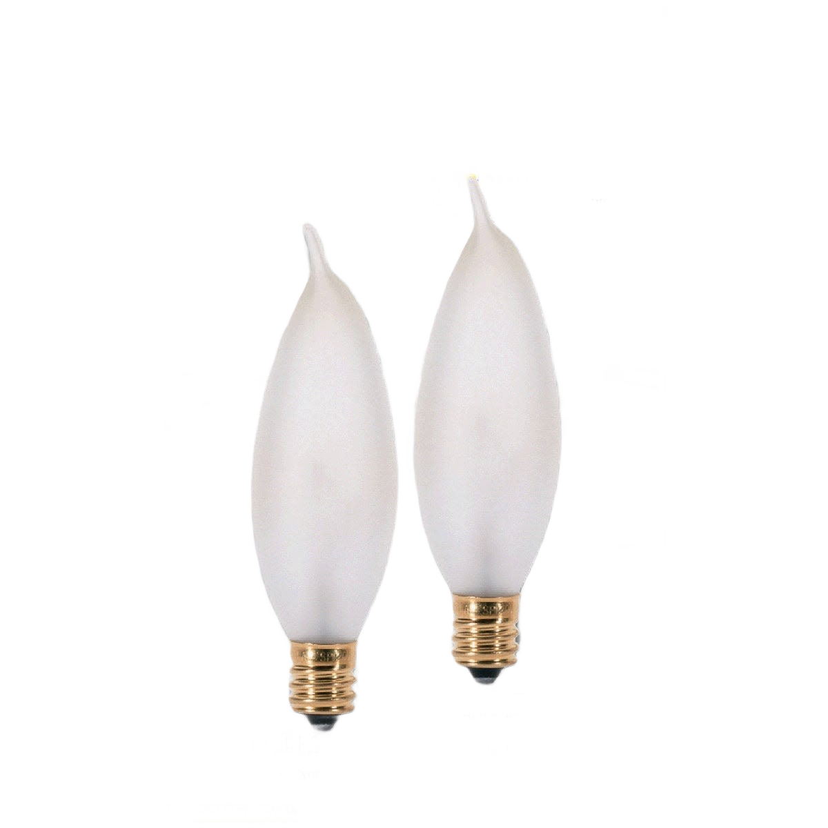 Two frosted incandescent turn tip bulbs with brass screw bases for decorative lighting and home improvement.