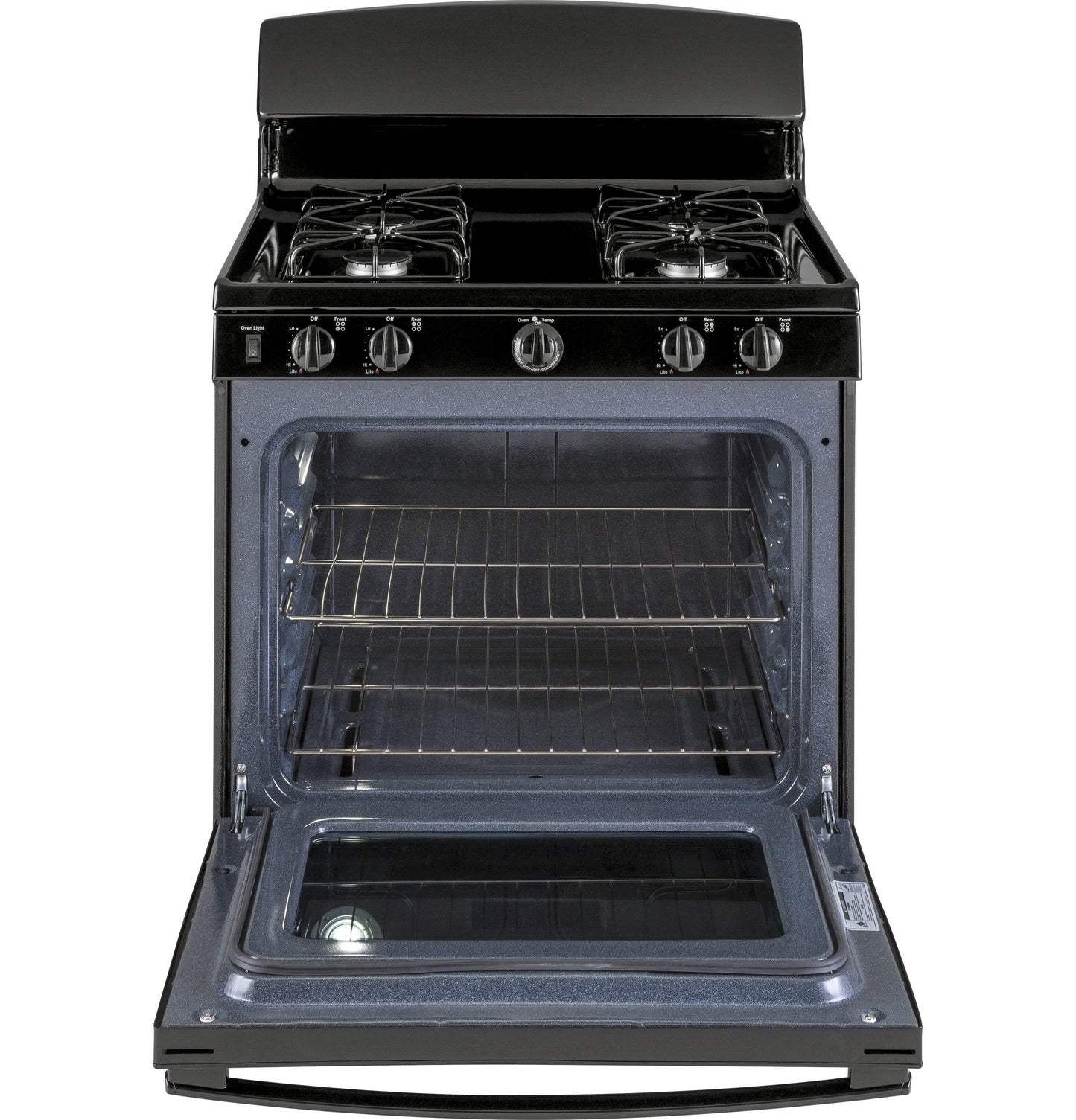 Black free-standing gas range with open oven door showing two racks inside in Gas Ranges and Kitchen collections
