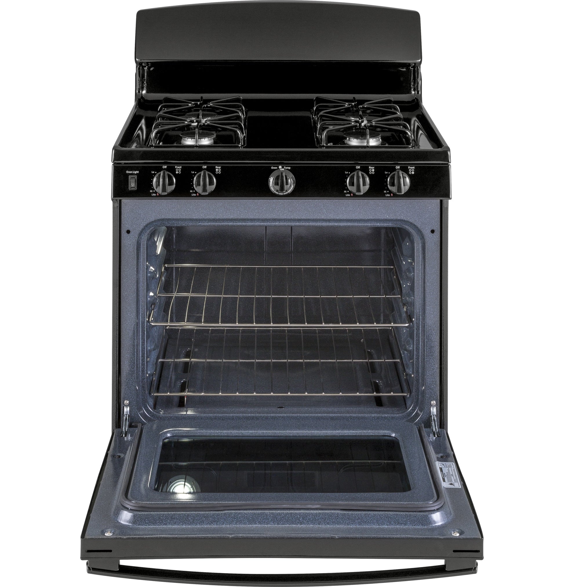 Black free-standing gas range with open oven door showing two racks inside in Gas Ranges and Kitchen collections
