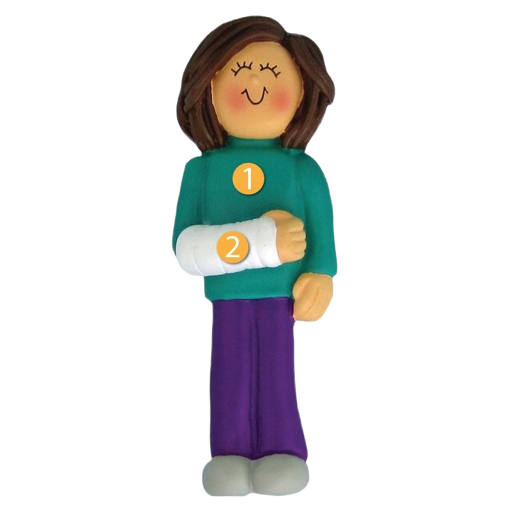 Personalized brunette female ornament with arm cast, smiling figure in Christmas Ornaments & Tree Decorations collection under $50
