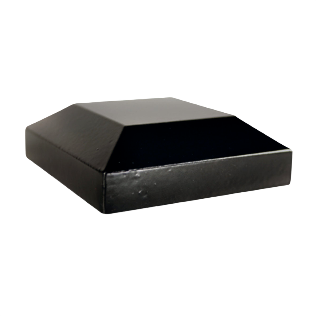 Black flat post cap made from durable aluminum for deck accessories, protecting railing posts outdoors
