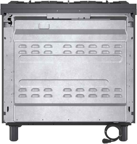 Back view of 36-inch gas freestanding range with stainless steel rear panel and adjustable legs from ranges collection