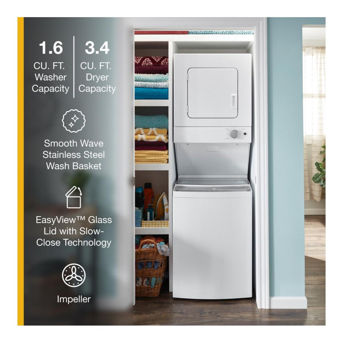 1.6 cu.ft Electric Stacked Laundry Center 6 Wash cycles and AutoDry™