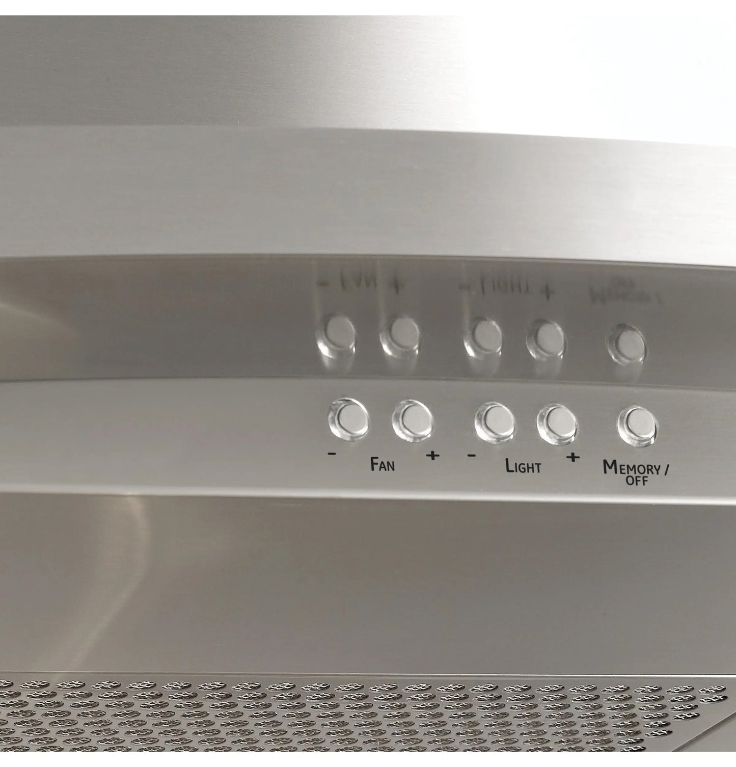 Close-up of stainless steel range hood control panel with buttons for fan speed, light, and memory functions in kitchen appliances.