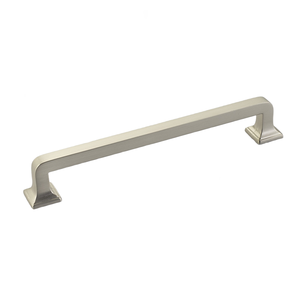 Satin nickel finished zinc cabinet pull with a sleek transitional design for furniture hardware and home improvement collections