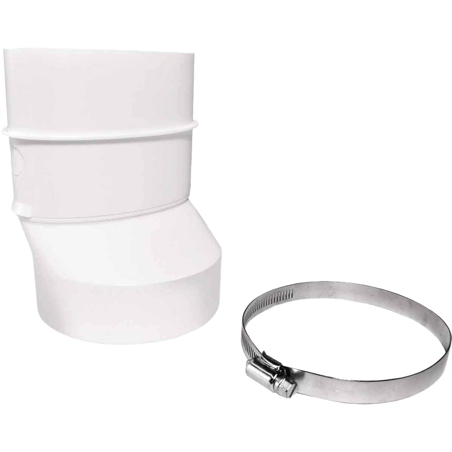 White plastic round to oval dryer duct adapter with metal clamp for appliance and home improvement use
