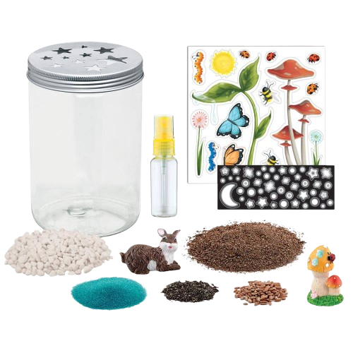 Craft kit with mason jar, plants, soil, spray bottle, stickers, and miniatures for kids’ outdoor living terrarium project