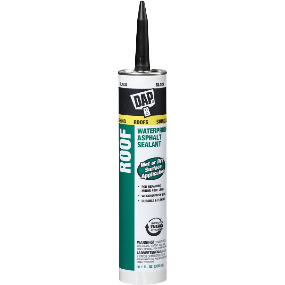 Black waterproof sealant tube designed for roof repair and weatherproofing in home improvement projects