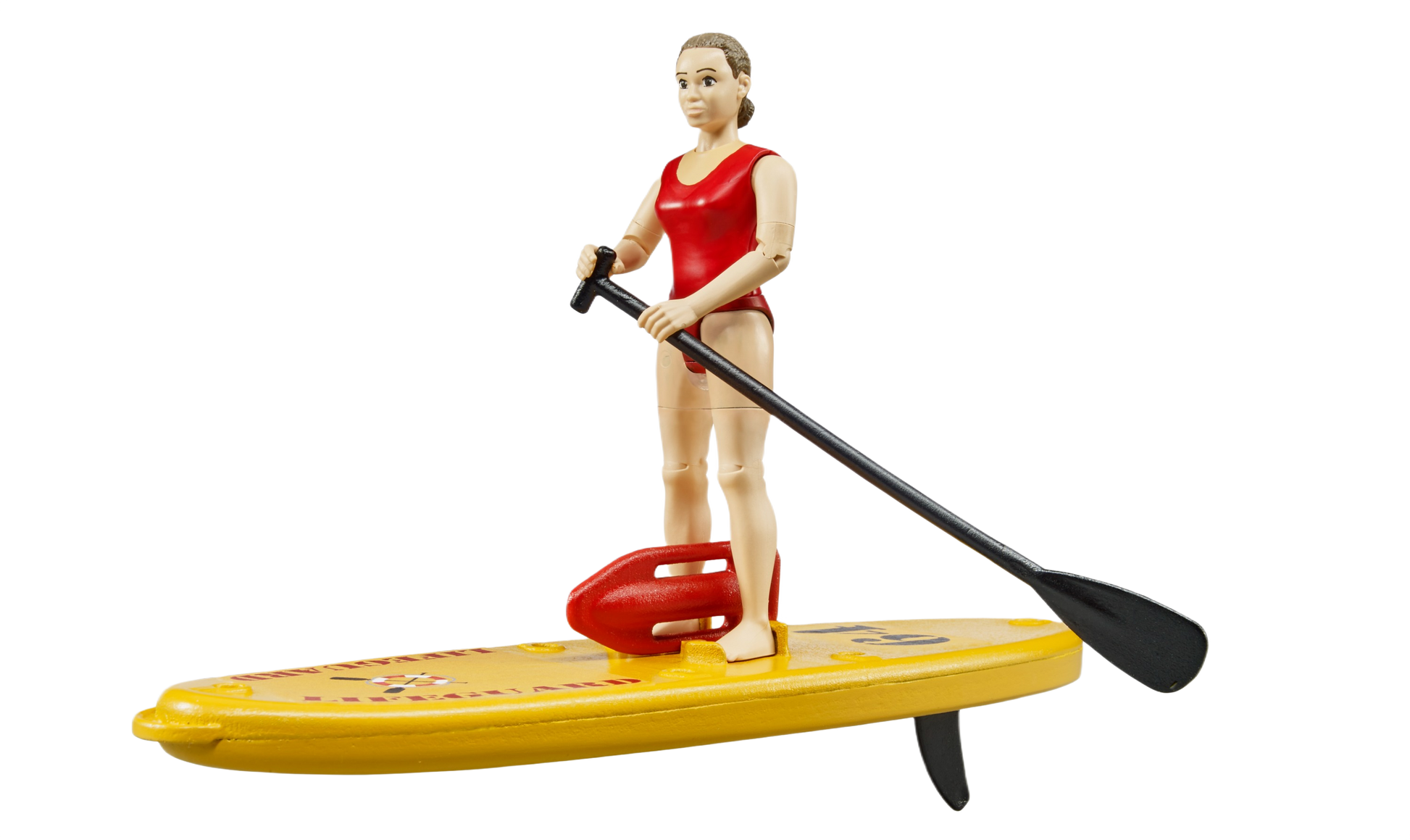 Lifeguard toy figure in red swimsuit standing on yellow paddleboard holding black paddle for active play.