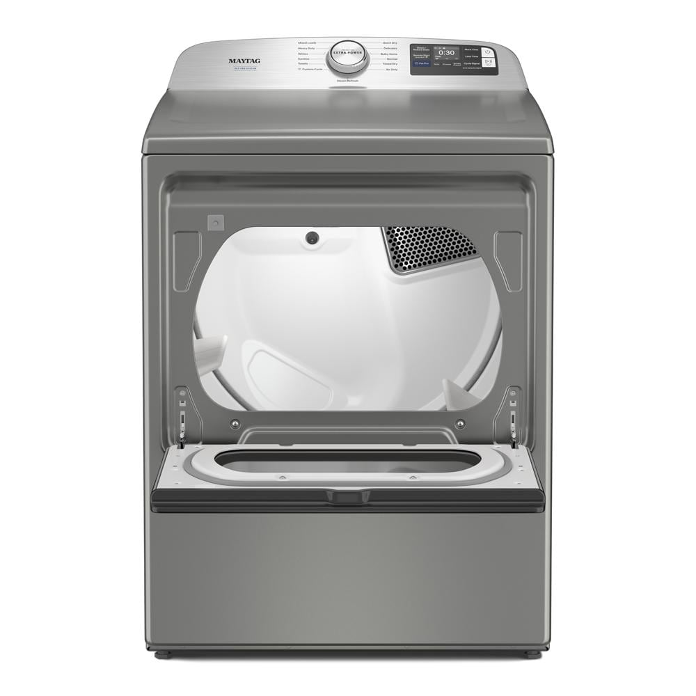 Front view of a large capacity smart top load dryer with open door showing interior drum and pet hair trap from dryers collection