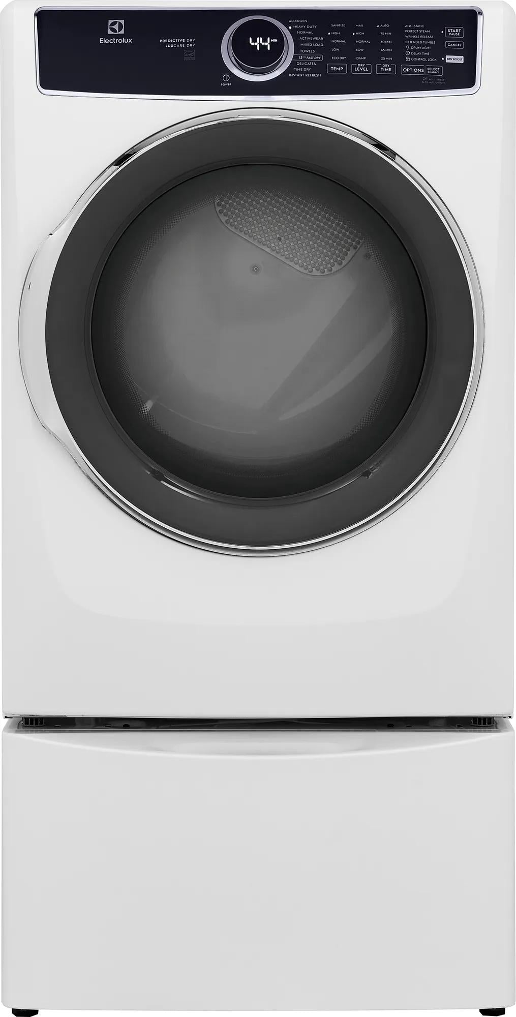 White front load electric dryer with circular door, digital display, and multiple drying options from Dryers collection