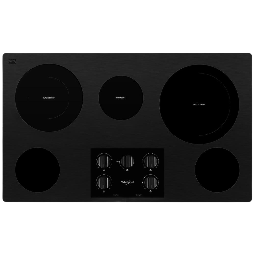 Black 36-inch electric ceramic cooktop with five burners and control knobs from Cooktops and Kitchen & Kitchenware collections