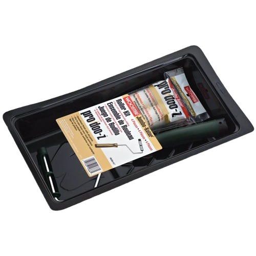 Painting roller kit with two 4-1/2 inch rollers, green handle, and plastic tray for home improvement tools collections