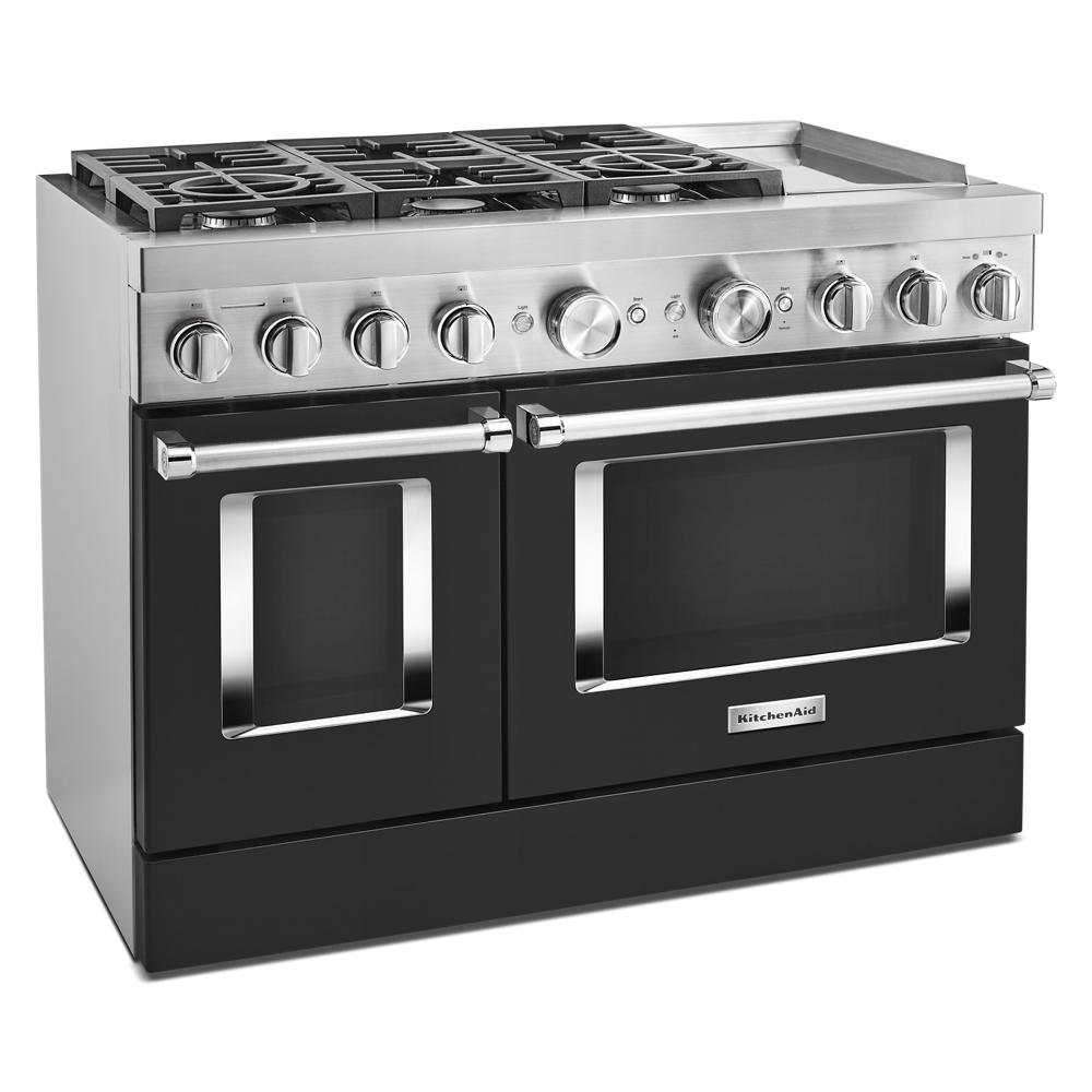 48-inch smart commercial-style dual fuel range with six burners, electric ovens, and chrome griddle in Appliances collection